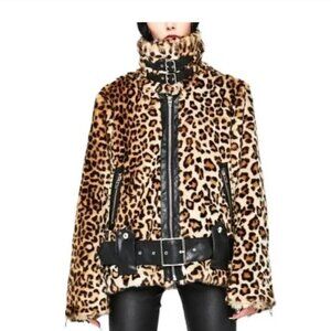 Blank NYC 'note to self' Leopard Print Faux Fur Motor Jacket sz L